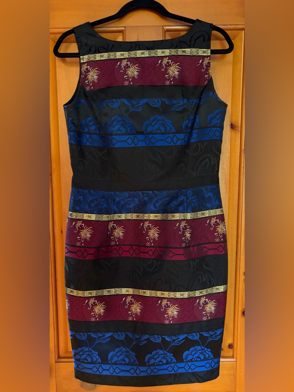 Andrea Jovine Black, Blue & Burgundy Patterned Sheath Dress with Gold Accents